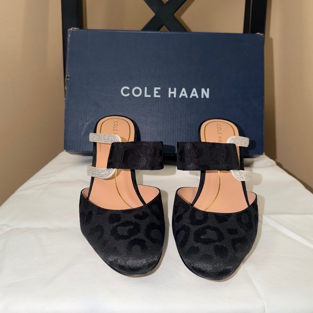 Black slide heels with crystal and silver strap
